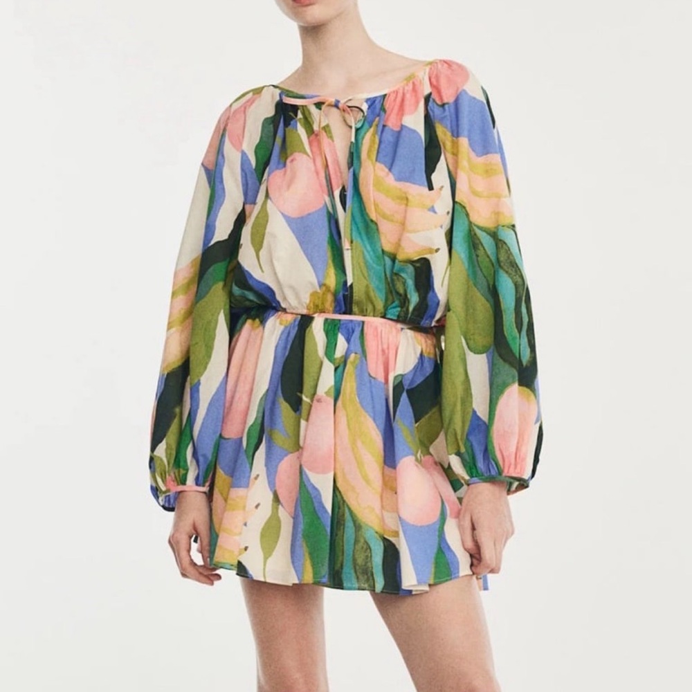 Floral Watercolor Balloon Sleeve matching Top and Skirt set NWT XS S 100% cotton
